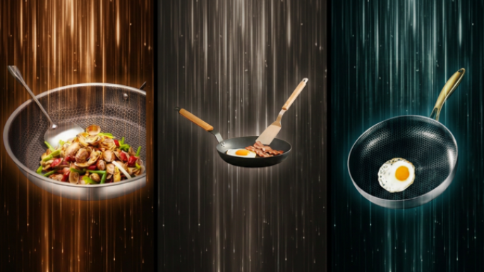 Three La Cuisine Moderne pans for three cooking scenarios: a stir-fry, bacon and eggs, and a fried egg